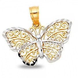 GemApex Butterfly Pendant Solid 14k Yellow White Gold Charm Diamond Cut Polished Design Two Tone 13 x 20 mm
