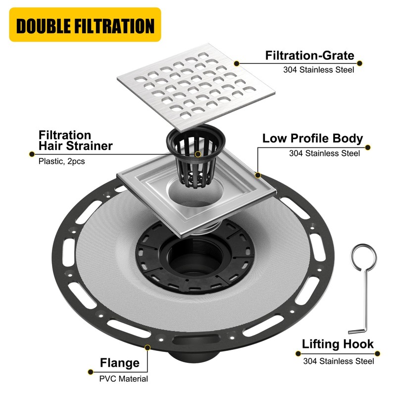 Fibetter 4 Inch Square Shower Drain Brushed with PVC Bonding
