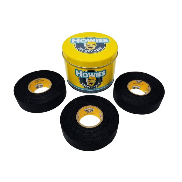 Howies Hockey Tape 3 Rolls with Bonus Tape Tin to Protect Your Tape in Your Bag (Black)