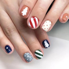 Christmas Press on Nails Short Square Fake Nails Red Green Stripe False Nails with Design Tree Glue on Nails Glossy Acrylic Nail Full Cover Star Stick on Nails for Women Girls Manicure 24Pcs