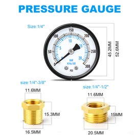ERGAOBOY 0-20 Bar (0-300 Psi) 2" Dial Face 1/4" BSP Well Pump Pressure Gauge, with Brass Adapter, Center Back Mount