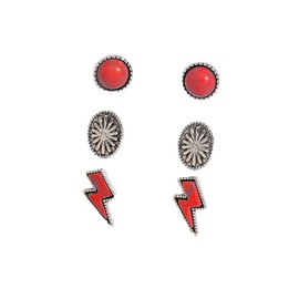 Western Earrings for Women Natural Turquoise Earrings Western Jewelry Lightning Bolt Stud Earrings Set 80s 90s Accessories-Red set