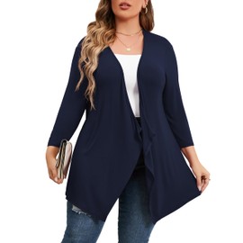 TIANZHU Elegant Plus Size Cardigan Women Lightweight Open Front 3/4 Sleeve Duster 4XL Navy Blue