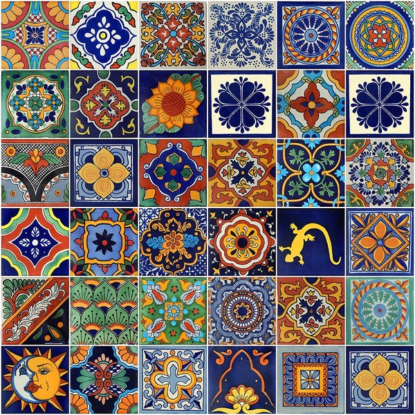100 Mix Mexican Talavera Hand Painted Folk Art Ceramic Tiles 4"