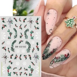 Christmas Nail Art Stickers Decals Snowflake Green Leaves Nail Decals Winter Christmas Snowman Nail Stickers 3D Self-Adhesive New Year Nail Art Decorations 4 Sheets