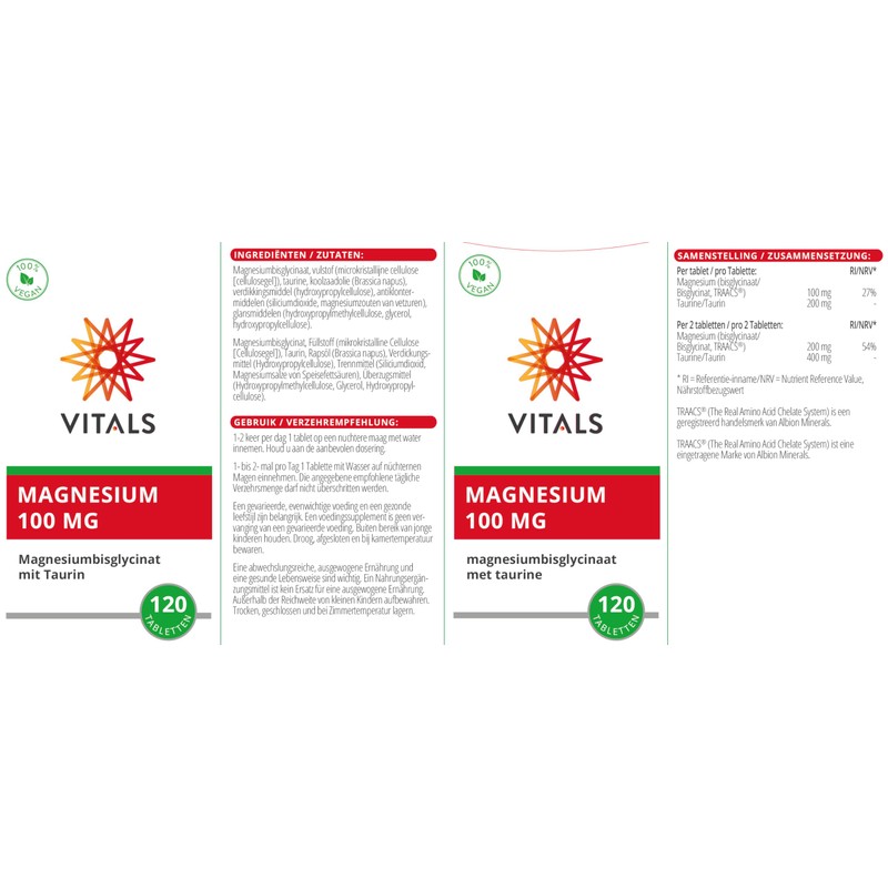 Vitals - Magnesium Bisglycinate 100mg with Taurine 120 Tablets High