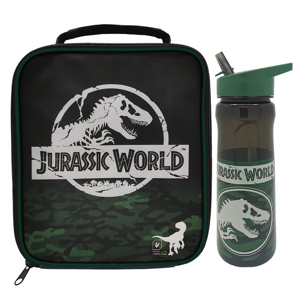 Jurassic World Insulated Lunch Bag & 600ml Bottle Set – Reusable – for School Nursery Snacks Picnic - BPA Free