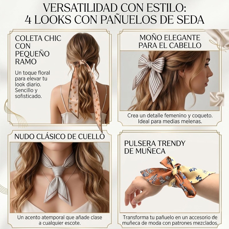 Set de 4 Bufandas Satinadas Bohemias para Mujer, Accesorios Elegantes