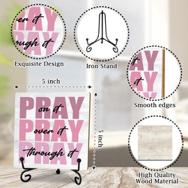 Pink Wooden Sign - Pray On It, Pray Over It, Pray Through It - Man Of Faith Wooden Sign With Stand, Home Office Decor Funny Gifts Rustic Table Desk Decor Accessories & Supplies, 5X5 Inches-A61