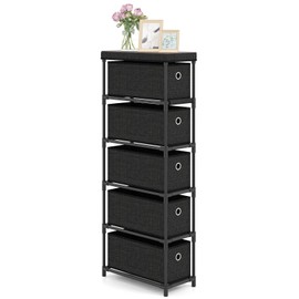 Giantex Dresser with 5 Drawers, Slim Fabric Storage Tower with Metal Frame, Wood Top & Easy Pull Handles, Space-Saving Chest of Drawers for Living Room, Office, Closet, Hallway & Entryway, Black