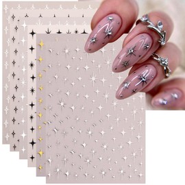 6Pcs Star Nail Sticker for Nail Art 3D Self-Adhesive Nail Decals French Cross Starlight Black White Gold Silver Design Pegatinas Uñas Slider Decal DIY Nail Tips Manicure Decor Supplies for Women