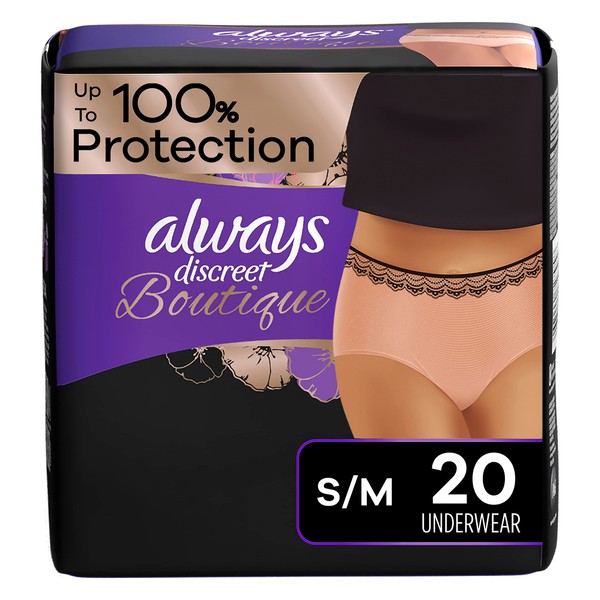 Always Discreet Boutique, Incontinence & Postpartum Underwear For Women, High-Rise, Size Small/Medium, Rosy, Maximum Absorbency, Disposable, 20 Count