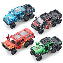 KIDAMI Diecast Toy Trucks 4 Pack Die Cast Metal Toy Cars Pull Back Cars Openable Doors Off-Road Vehicles Birthday Gift for Boys and Toddlers (Colorful)