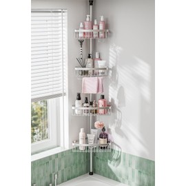 Corner Shower Caddy Tension Pole: Stainless Steel Rustproof 4-Tier Shower Organizer - 47-121 inch Adjustable Bathroom Shelves for Bathtub Shampoo Storage - Tension Rod Floor Standing Bath Rack