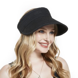 Women's Sun Visor Hat Wide Brim UPF 80+ Packable Ponytail Beach Visor Foldable for Travel Summer(Black hat)