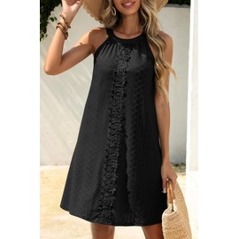 MITILLY Womens Halter Summer Black Eyelet Mini Dress Casual Sleeveless Floral Lace Sundresses for Beach Vacation Holiday Small