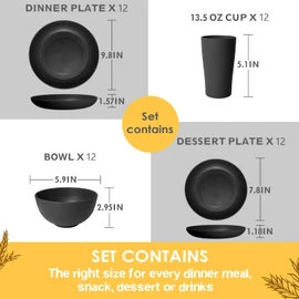 Teivio 48-Piece Kitchen Plastic Wheat Straw Dinnerware Set, Service for 12, Dinner Plates, Dessert Plate, Cereal Bowls, Cups, Unbreakable Outdoor Camping Dishes, Apartment Dinning Essentials,Black