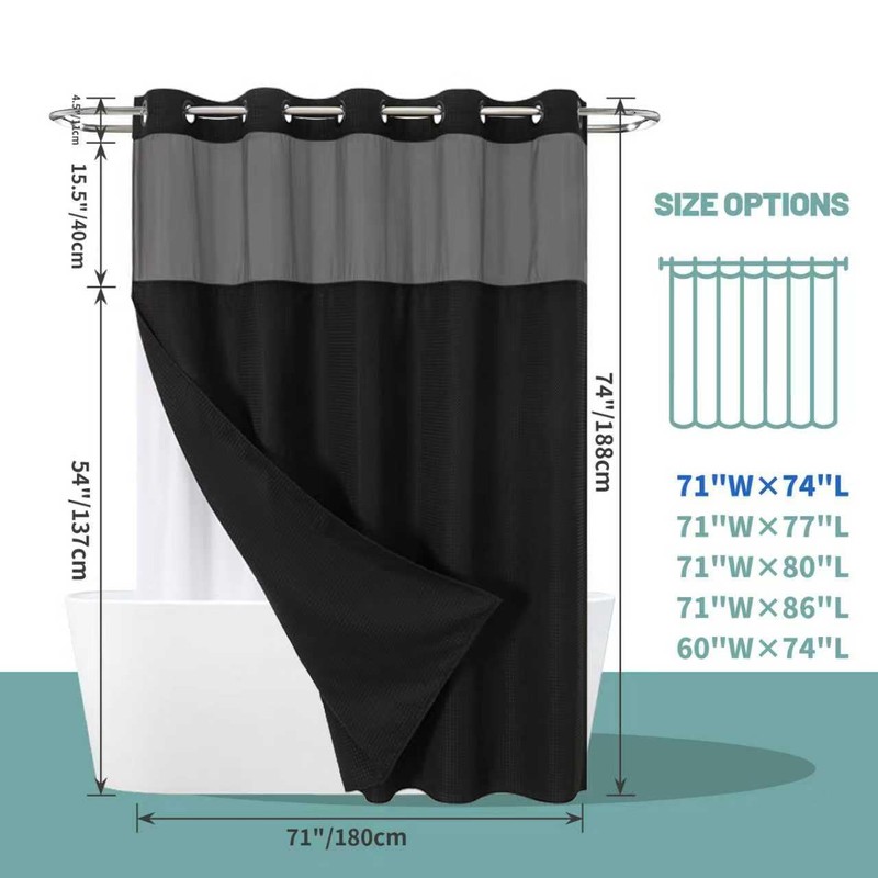 eachope Black No Hook Waffle Weave Shower Curtain with snap-in