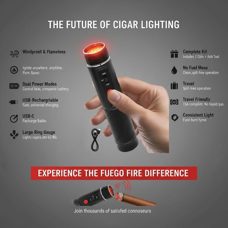 Fuego Fire Electric Cigar Lighter Kit – Rechargeable Windproof USB-C