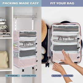 Surblue Travel Hanging Luggage Organizer Portable Suitcase Closet Organizer Multiple Compartments Collapsible Compression Packing Cubes Shelf, Pink,M