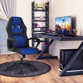 Silla Gamer Ergonomic Racing Chair - Blue Leather Massage Gaming Chair for Adults and Kids