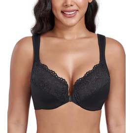 DotVol Women's Large Sizes Bra Full Cup Unpadded U-Back with Wide Straps Floral Lace Bra (Black, 90G)