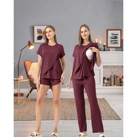 SUNNYBUY 3 Piece Nursing Pajamas Set Postpartum Casual Soft Maternity Pajamas Sleepwear Loungewear Clothing Layer, Purple, red