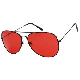 ShadyVEU Classic Pilot Sunglasses UV400 Red Tint Colored Lens Slim Wire Frame Retro Fashion Shades (Black Frame/Red Lens)