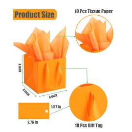 IN-JOOYAA 10 Pcs Orange Square Gift Bags with Tissue Paper Small Size Solid Party Favor Bags with Handles for Gift Giving (8x8x8 In, Orange)