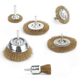 Ferropro Wire Brush Set, 6 Pieces, for Drill, Brass-Plated Steel Wire, Round Shaft 6 mm, Disc Brushes 38, 50, 75, 100 mm, Cup Brush 75 mm, Brush Brush 25 mm, 1 Set