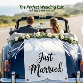 Just Married Wedding Backdrop Set with Just Married Sign, Eucalyptus Garland & White Fabric Banner for Wedding Reception, Ceremony Backdrop, Bridal Shower, Engagement Party & Wedding Car Decorations