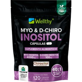Wellthy Myo & D-Chiro Inositol 120 Cápsulas. Mezcla Óptima 40:1, 2400mg Myo Inositol y 60mg D-Chiro Inositol, Ingredientes 100% Naturales, Gluten Free, Sugar Free, Vegan, Bottle Free