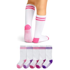 LA Active Calcetines Altos Rodilla Antideslizantes - 5 Pares - para Bebé Niños Niñas Infantil - Algodón (Niñas Rayas Atléticas Variedad Blanco, 6-12 Meses)