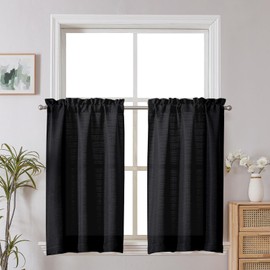 Chyhomenyc 2 Panels Small Cafe Curtains 24 Inch Length, Faux Linen Textured Half Window Curtains for Kitchen Bathroom Farmhouse Country, Light Filtering Black Short Curtains, Each 30x24 Inch