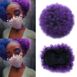 Yinmei Baibian Purple Afro Puff Drawstring Ponytail for Black Women Short Ponytail High Puff Bun Hair Piece Kinky Curly Clip in Updo Hair Extensions(1B/Purple#)