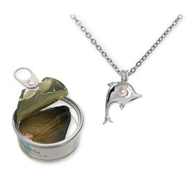 Pearlina - Juego de collar de delfines cultivados con perlas cultivadas en forma de ostras, chapado en tono plateado, con cadena de acero inoxidable, 45,7 cm, Perla, Perla