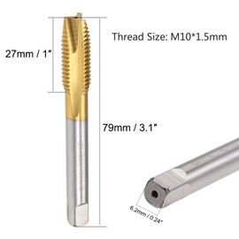 TA-VIGOR M10 x 1.5mm Spiral Point Plug Thread Tap, Thread Milling Tap with H2 Tolerance 3 Flutes Ground Threads, HSS Titanium Coated (Round Shank with Square End)