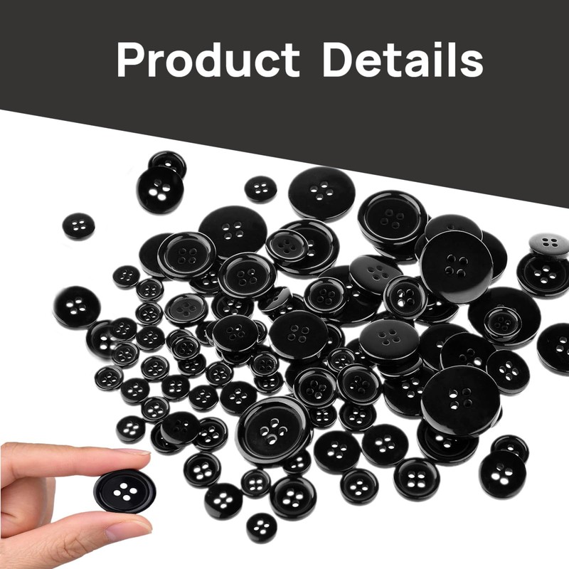 100 Pcs Black Resin Sewing Buttons, 5 Sizes 4-Hole Buttons