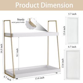 Bathroom Countertop Organizer, Counter Organizer for Bathroom Sink, Wooden Vanity Organizer Shelf for Makeup Storage, 2 Tier Stand Organizer Tray for Countertop, Toilet, Restroom Corner (White+Gold)