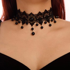 Denifery Black Lace Choker Necklaces Vintage Crystal Pendant Necklace Punk Chain Accessories for Women (Style 4)