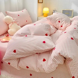 Nayoroom Bed Linen 135 x 200 cm Pink White Checked with Red Hearts Duvet Cover Set 2-Piece Heart Pattern Aesthetic Cute Renforce Microfibre Heart Bedding Sets with Zip and Pillowcase 80 x 80 cm