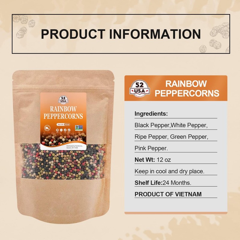 52USA Rainbow Peppercorns, 12oz, Peppercorn for Grinder Refill, Non-GMO, Kosher,