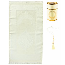 Prien Muslim Prayer Rug with Tasbih for Islamic Gifts, Portable Islam Gift Box, Ramadan Set for Women & Men, Sajadah, Elegant Turkish Carpet Bag, Soft Praying Mats for Eid (Cream)