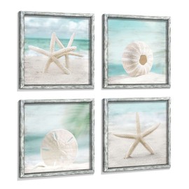Beach Framed Wooden Wall Art: Coastal Artwork Set of 4 Starfish Seashell & Sand Dollar Pictures Ocean Prints for Home Decor