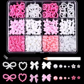 3D Bow Nail Charms, Pink White Nail Bow Pearl Heart-Shaped Flower for Nails, DIY Craft, Colorful Nail Art Bows, Nail Bow Charms with Multicolor Shapes, for Women and Girls Nail Decoration