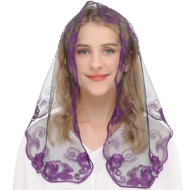 Ammmscaf - Velo corto de iglesia infinito, velo de capilla católica para mujer, velo cristiano latino de oración para la cabeza, Púrpura & Negro, 37.5" across by 19.7"