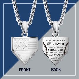 To My Man Necklace Engraved Inspirational Quote Braver Than You Think, Silver Home Plate Baseball Necklace, Stainless Steel American Flag Patriotic Jewelry, Motivational Courage Graduation Gift