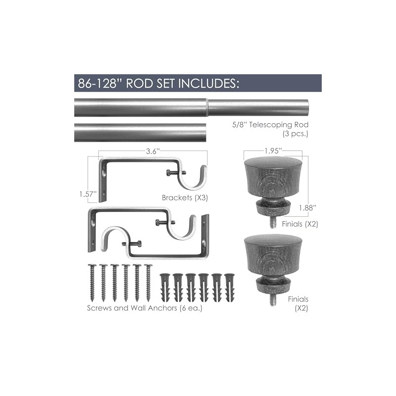 Stockton 86-128 Inch Adjustable Curtain Rod Set, 5/8 Inch Diameter
