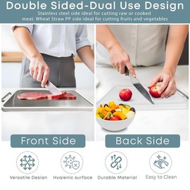 Cutting Board Double Sided, Zarkutz Stainless Steel Cutting Board for Kitchen, Food-Grade, Stainless Steel and Wheat Straw PP, Easy to Clean Large Cutting Board, Built in knife Sharpener and Stand