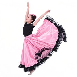 OZJABC Girls Long Dance Skirt Stain Swing Skirt for Girls Flamenco Mexican Dance (US, Age, 8 Years, 12 Years, Pink)